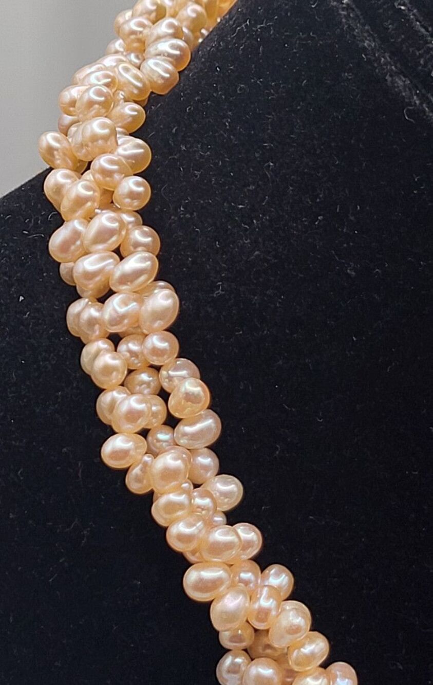 Pink Champagne Freshwater Pearl Triple Strand Necklace 24in 14kgp